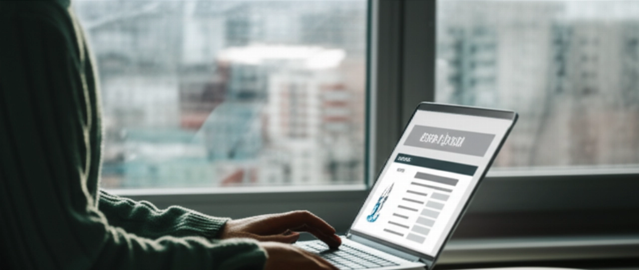 Caucasian man updating online documents on a laptop, sitting on a sofa in a new modern apartment.