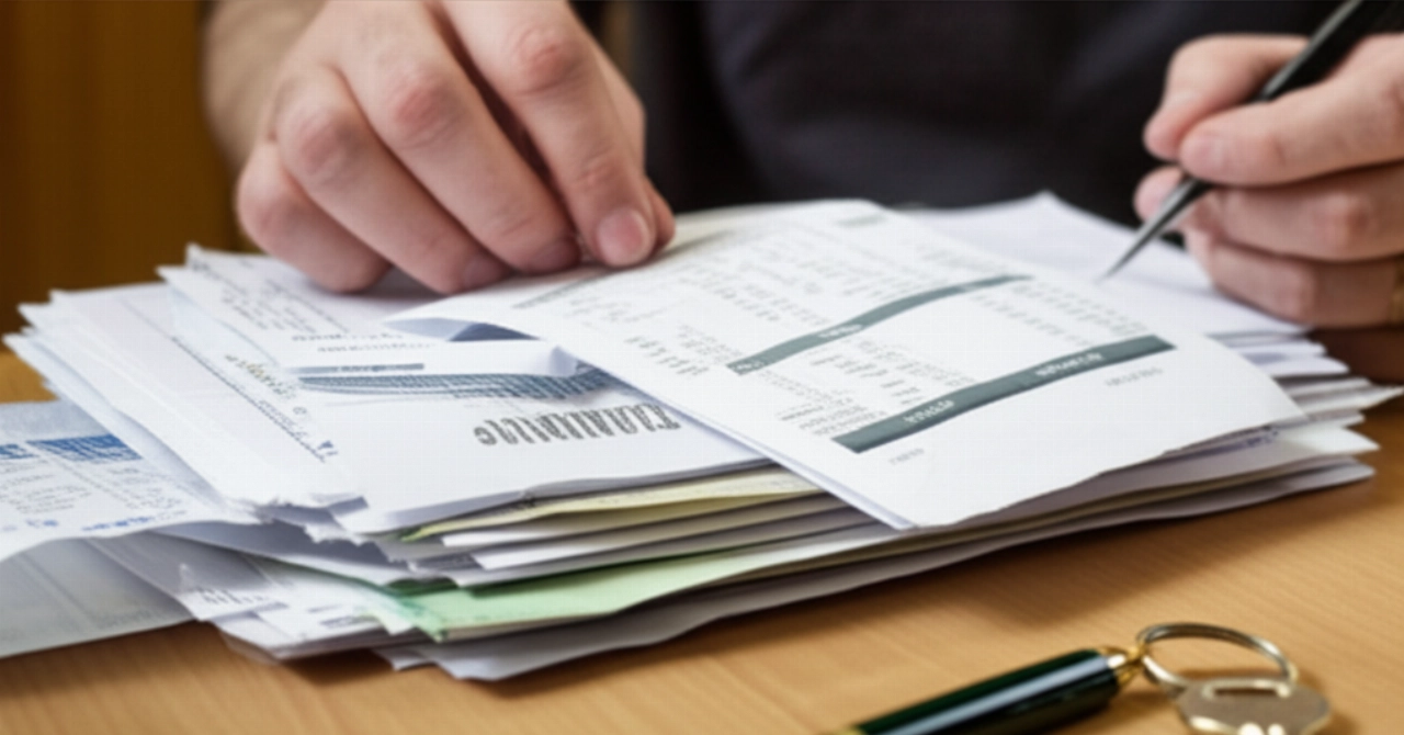 Hyperrealistic close-up of documents and bills stacked on a desk, with a Caucasian hand adding a new bill.