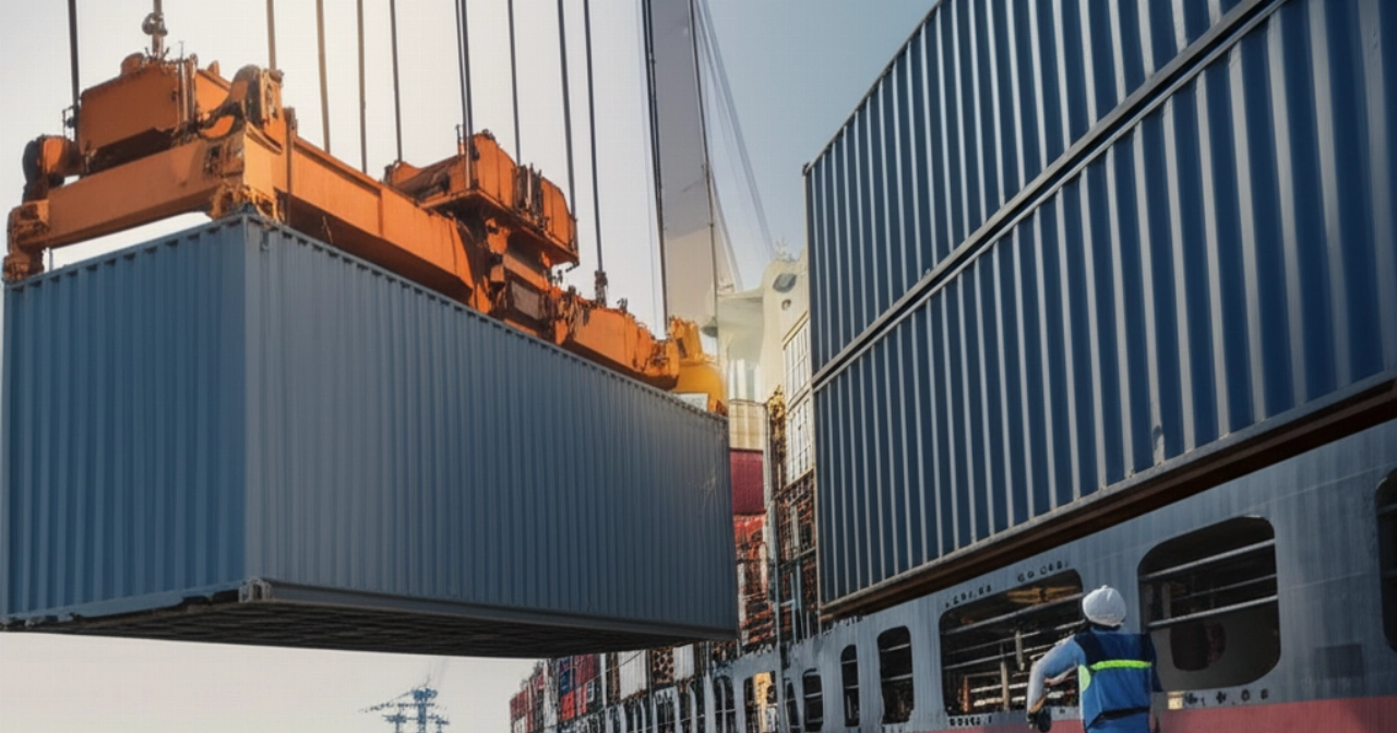 A large shipping container being loaded onto a cargo ship in an international port, illustrating the secure transport phase of goods during a global relocation.