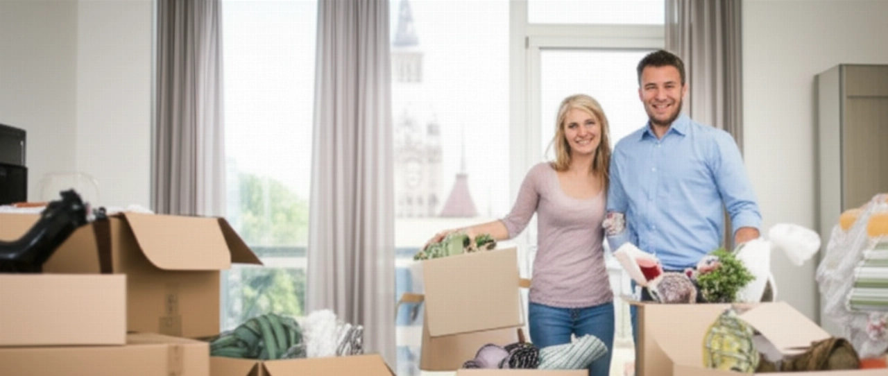Happy and relaxed Caucasian couple in a new home, surrounded by unpacked boxes and intact belongings, with a view of a foreign city, symbolizing the success of an insured international relocation.