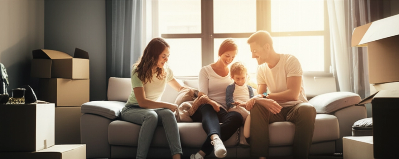 Una felice famiglia caucasica si rilassa nel nuovo salotto, con alcune scatole del trasloco in un angolo, simboleggiando un trasloco di successo e senza stress.