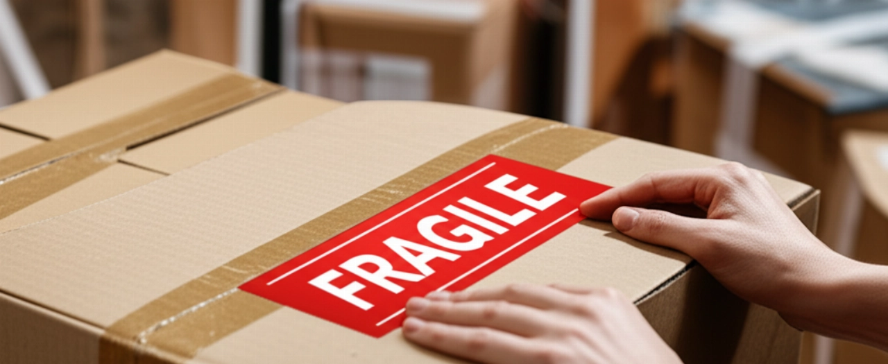 Delle mani caucasiche applicano un'etichetta "Fragile" su una scatola di cartone sigillata contenente un quadro o uno specchio, con altre scatole imballate sullo sfondo.