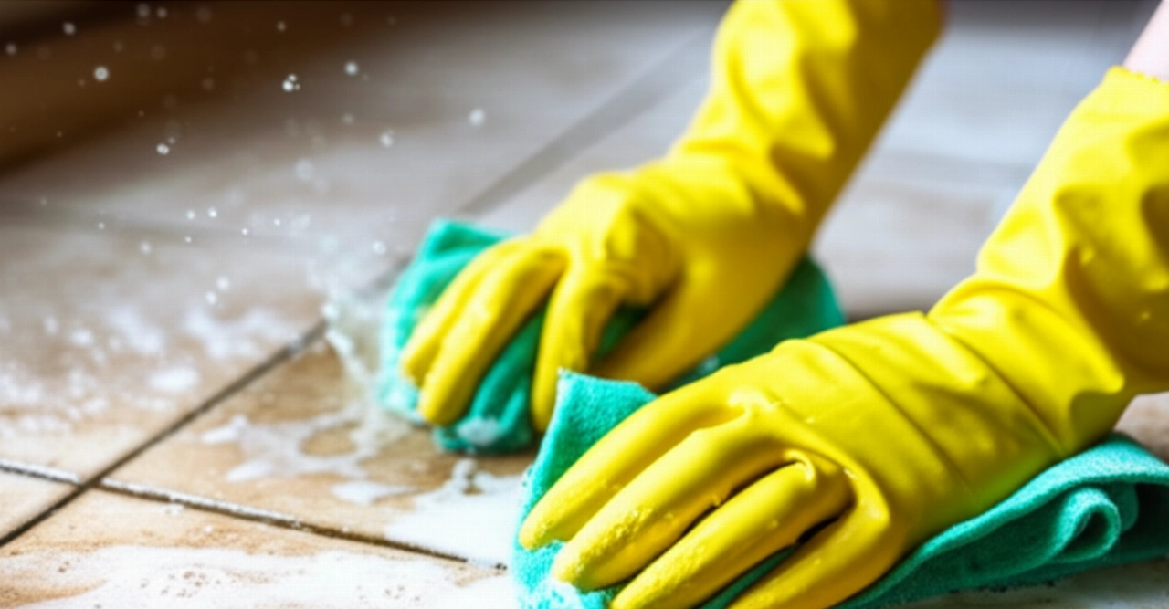 Gloved Caucasian hands vigorously clean a stubborn stain on an old kitchen floor.