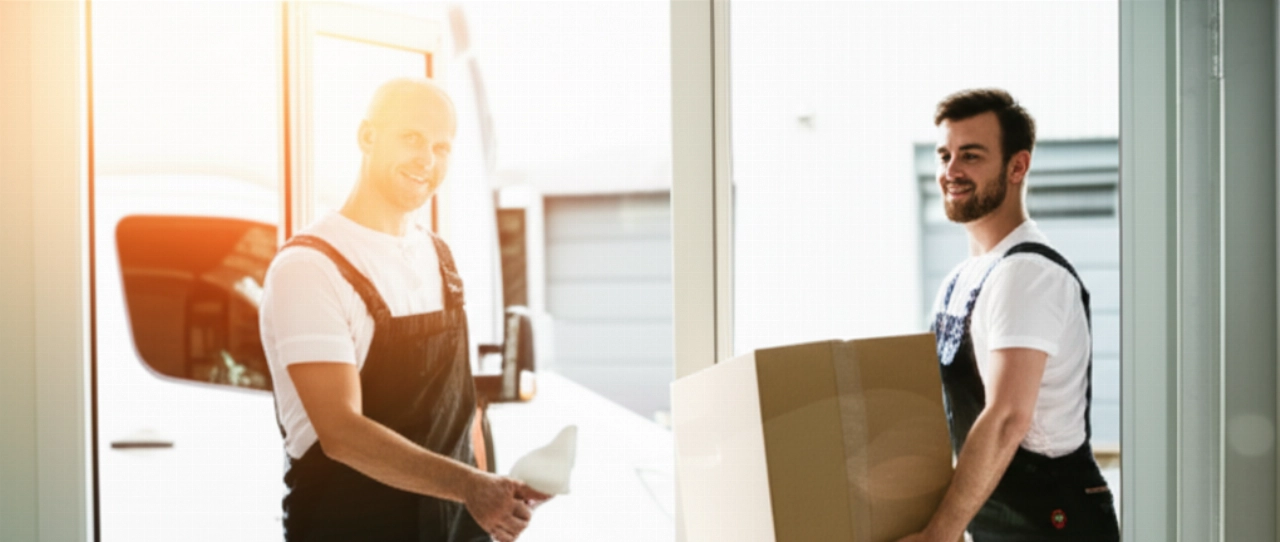 Two Caucasian professional movers carefully carrying a packed box out of a modern apartment.