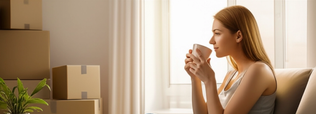 A relaxed and happy Caucasian woman enjoys a coffee on the sofa in a new, partially arranged living room.