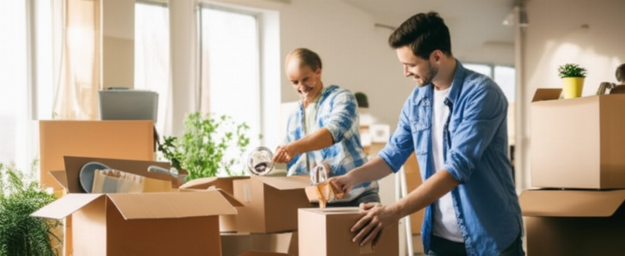 Happy Caucasian couple efficiently organizing items in well-chosen cardboard boxes in a new home, demonstrating packing efficiency.