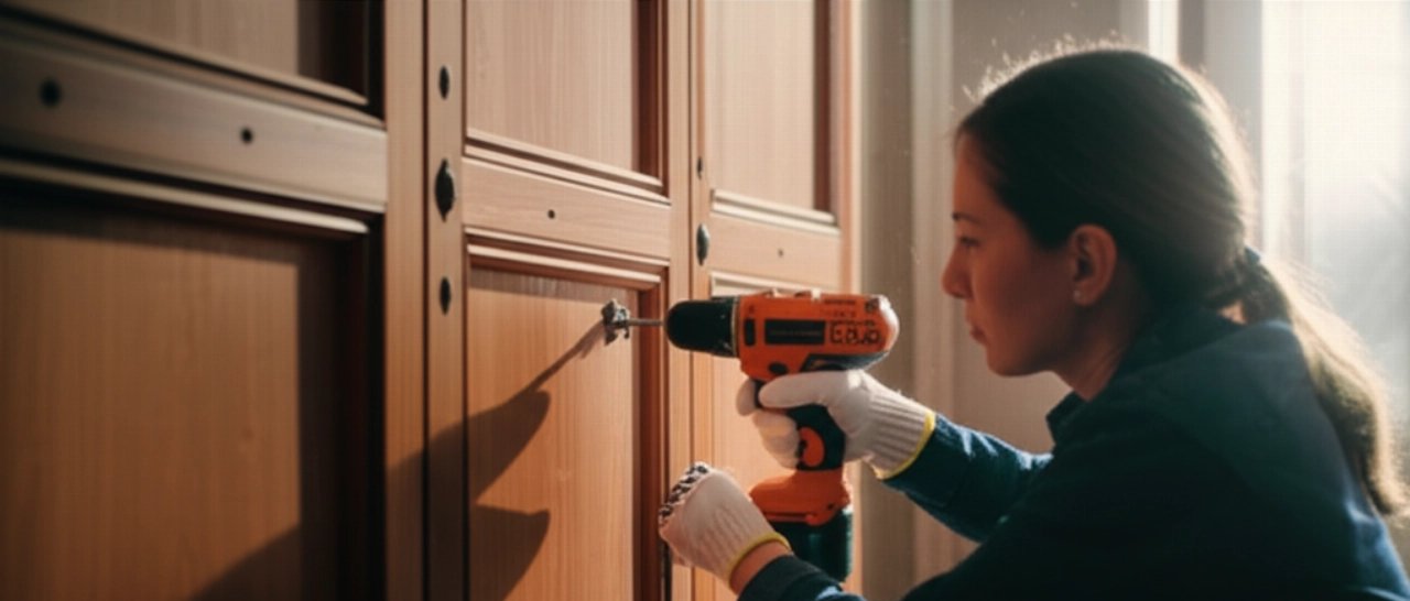Femme caucasienne démontant activement un panneau d'une armoire en bois avec une perceuse-visseuse.
