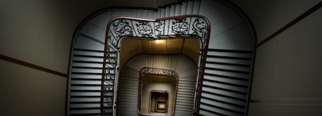 Lange und imposante Wendeltreppe in einem alten Gebäude, von oben gesehen, die das Fehlen eines Aufzugs und die Anstrengung des Aufstiegs symbolisiert.