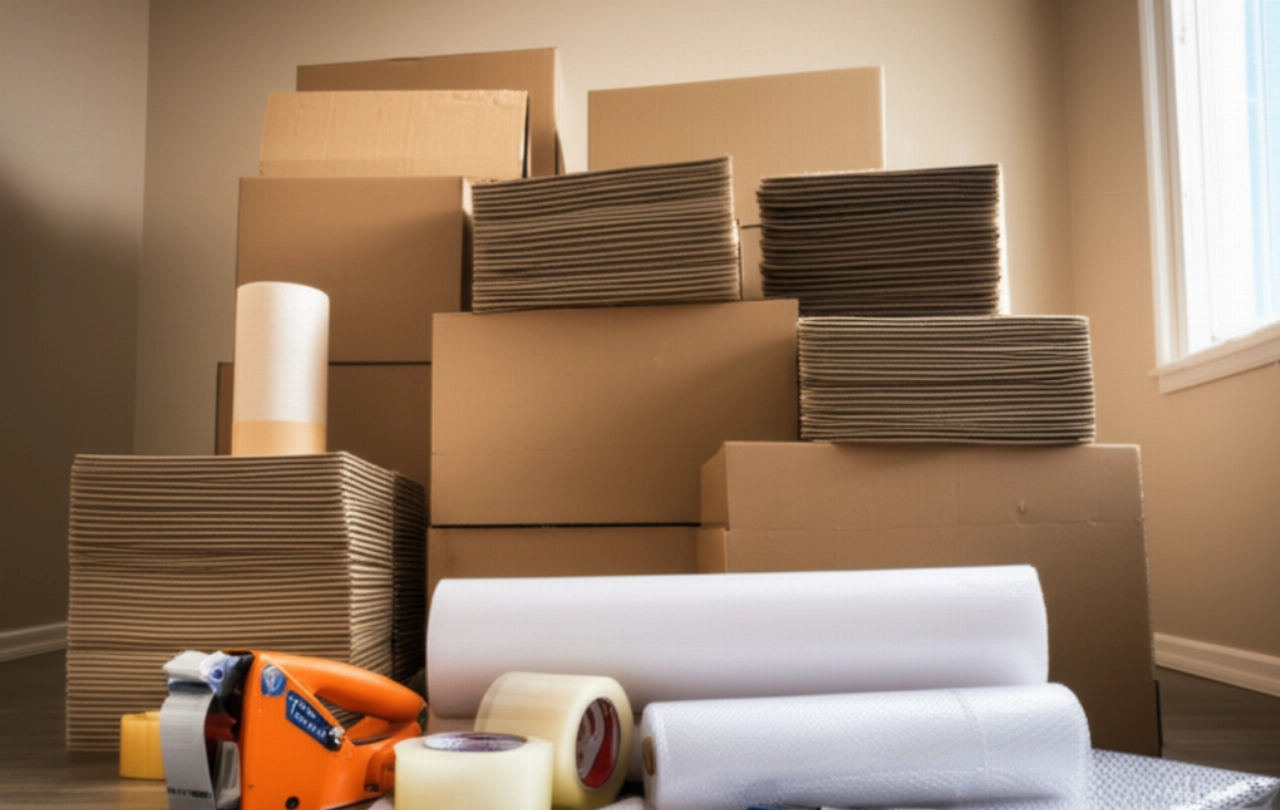 Large stack of new cardboard moving boxes and packing materials like adhesive tape and bubble wrap, neatly arranged in an empty, sunlit room.