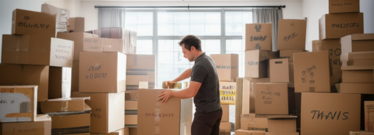 Wide view of a spacious living room, completely filled with stacked and labeled cardboard moving boxes, with a Caucasian man finishing sealing the last box.