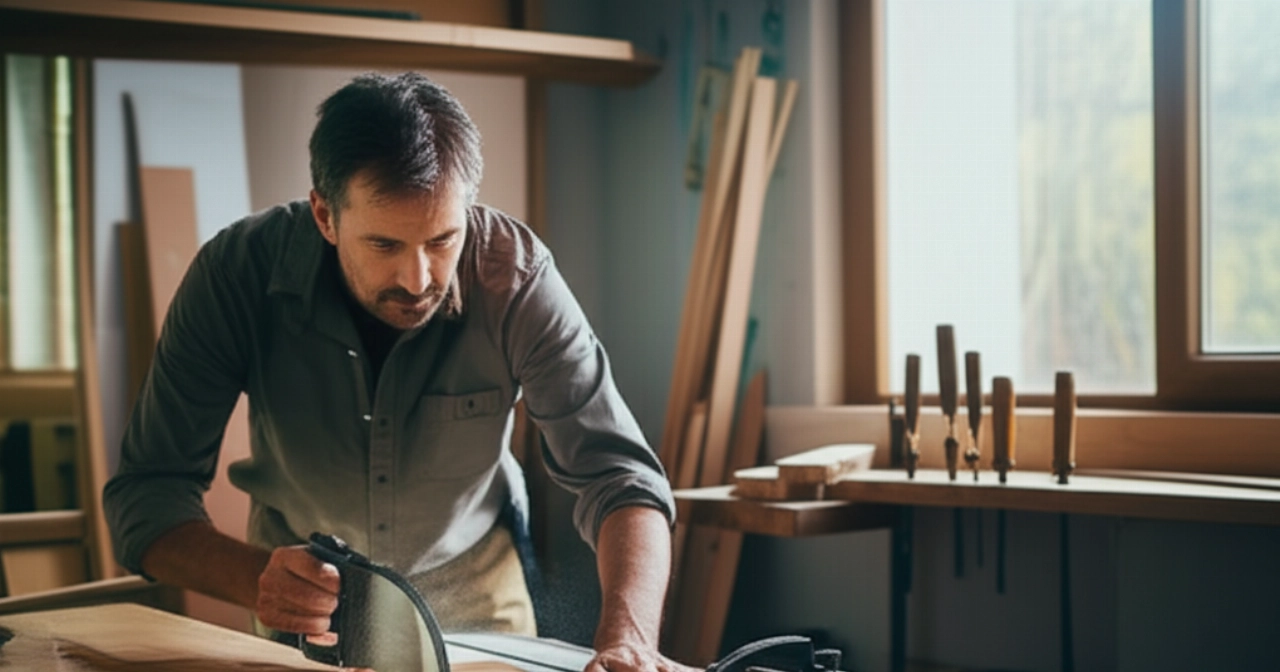 Falegname caucasico esperto che taglia con precisione un pezzo di legno in un'officina pulita, con dettagli iperrealistici.