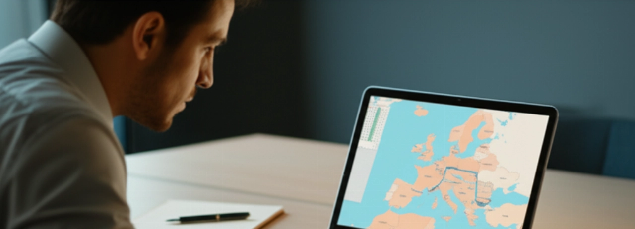 Uomo caucasico concentrato al suo laptop, che pianifica un trasloco internazionale tra Germania e Italia, con documenti e una mappa sul tavolo, simboleggiando la gestione dei costi.