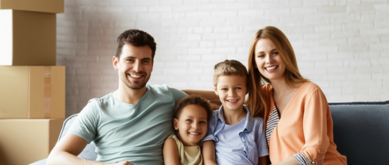 Famiglia caucasica felice e rilassata nel loro nuovo salotto, con scatole da trasloco sullo sfondo, che rappresenta la gioia di un trasferimento di successo.