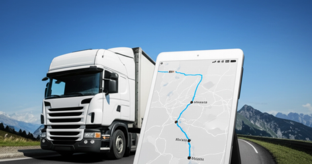 Camion da trasloco internazionale moderno su una strada panoramica alpina con una mappa digitale Svizzera-Italia, simboleggiando la pianificazione logistica transfrontaliera.