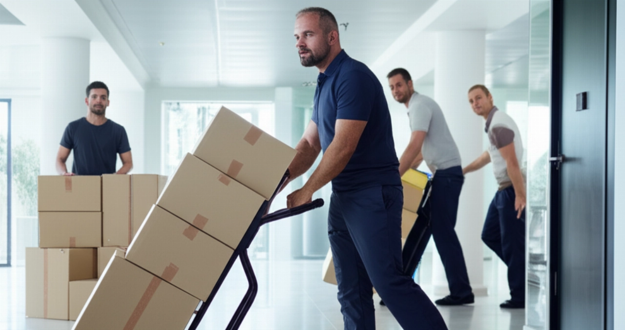 Team of professional Caucasian movers relocating labeled office boxes in a bright corridor.