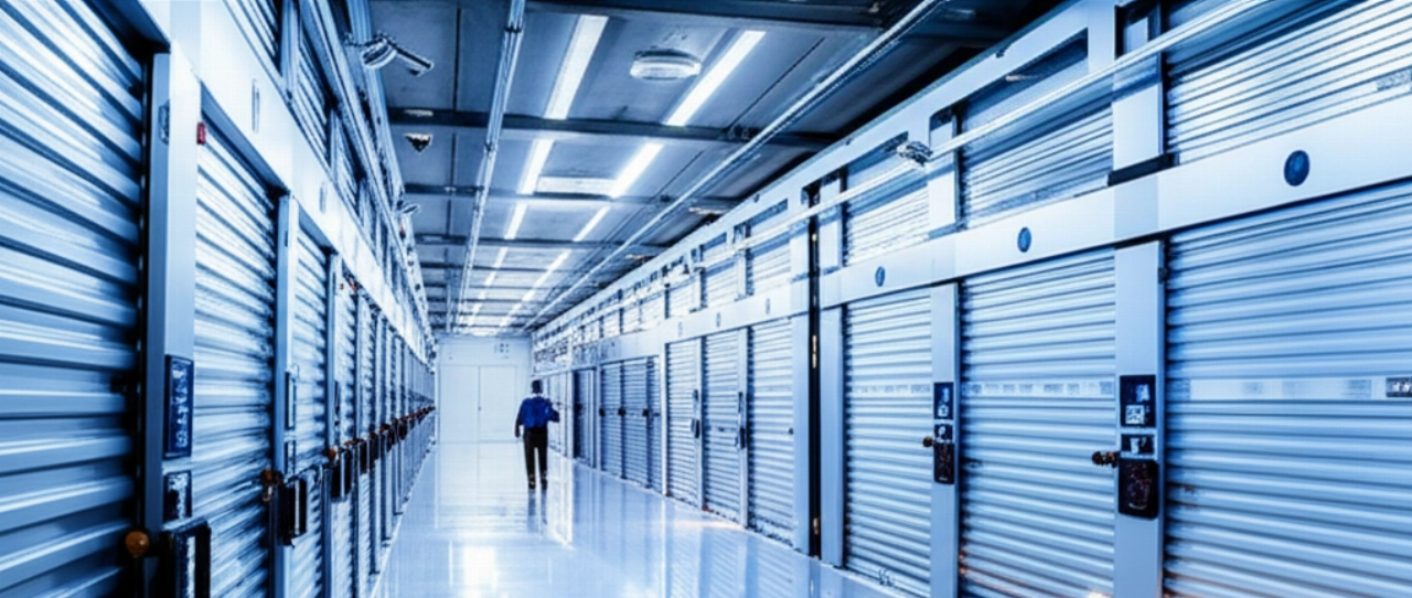 Interno di un deposito mobili futuristico e ultra-sicuro con unità di stoccaggio all'avanguardia, telecamere di sicurezza e un guardia.