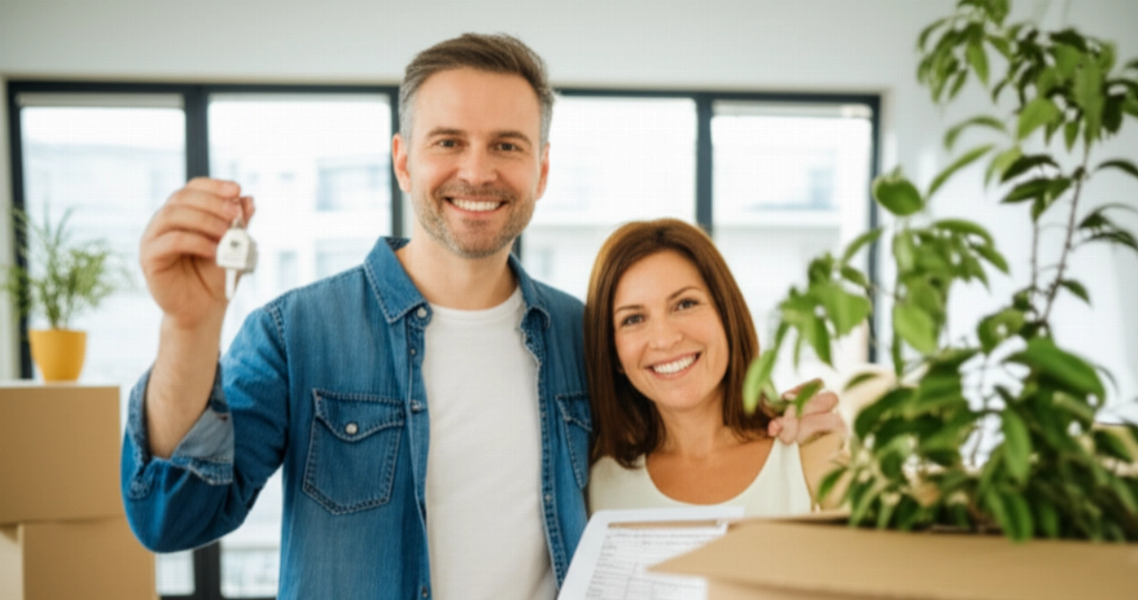 Feliz pareja caucásica en su nuevo hogar, con llaves y documentos fiscales, rodeados de cajas de mudanza, simbolizando una mudanza exitosa y deducciones.