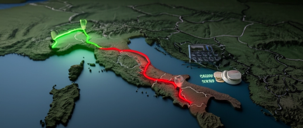 3D map with two illuminated paths, one short (local) and one long (national), symbolizing the difference in moving costs.
