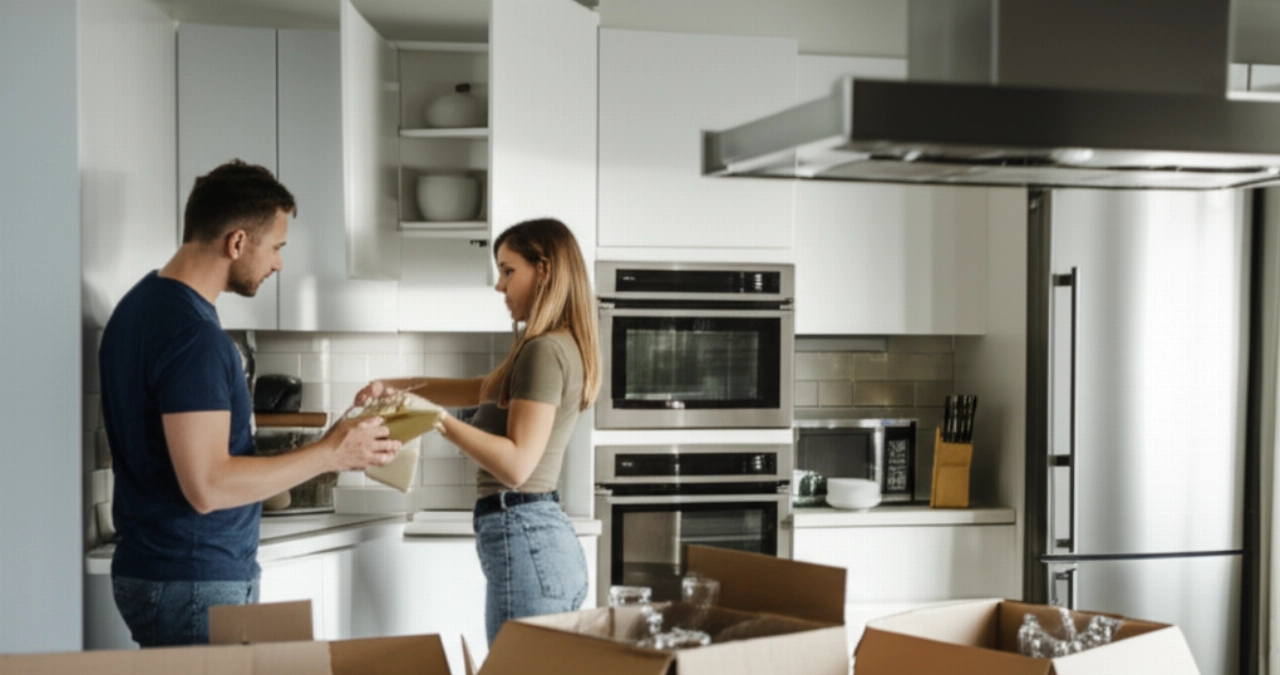 Una pareja caucásica desempaca utensilios de cocina en una cocina moderna y luminosa, rodeada de cajas de mudanza.