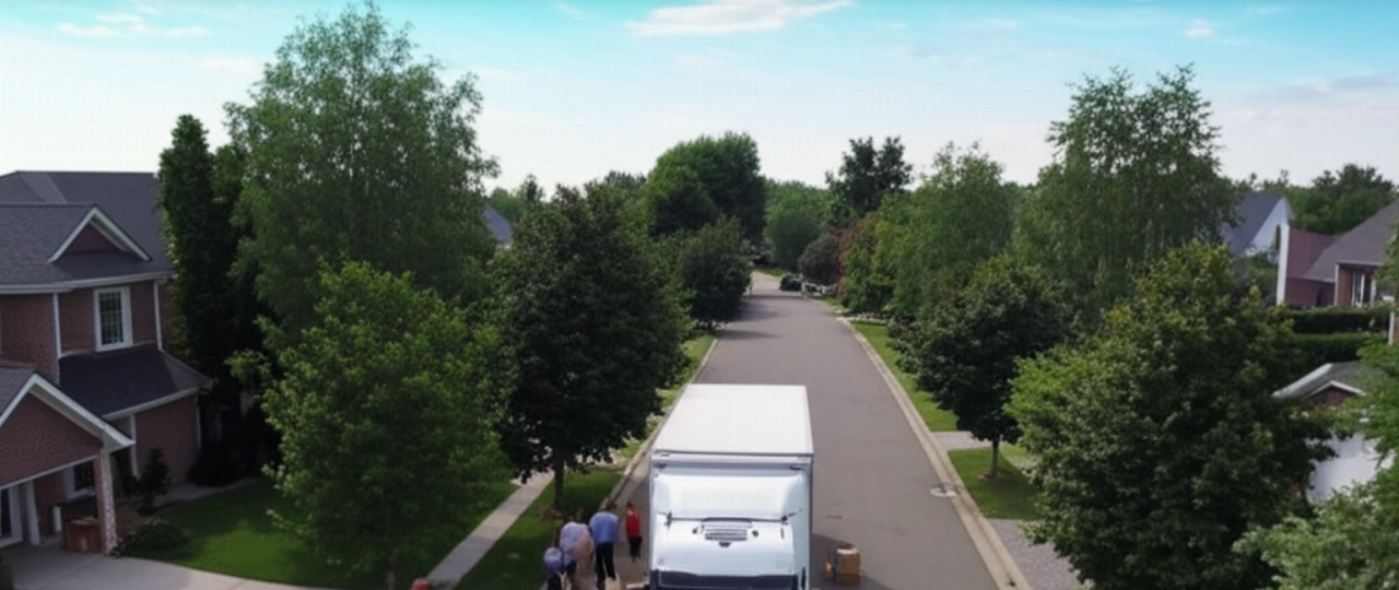 Vista aerea iperrealistica di un grande camion per traslochi parcheggiato in una strada suburbana tranquilla, circondato da case e alberi.