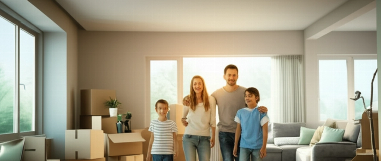Una felice famiglia caucasica sorride nel soggiorno della loro nuova casa, con scatole di trasloco ordinate in un angolo, simbolo di un trasloco riuscito.