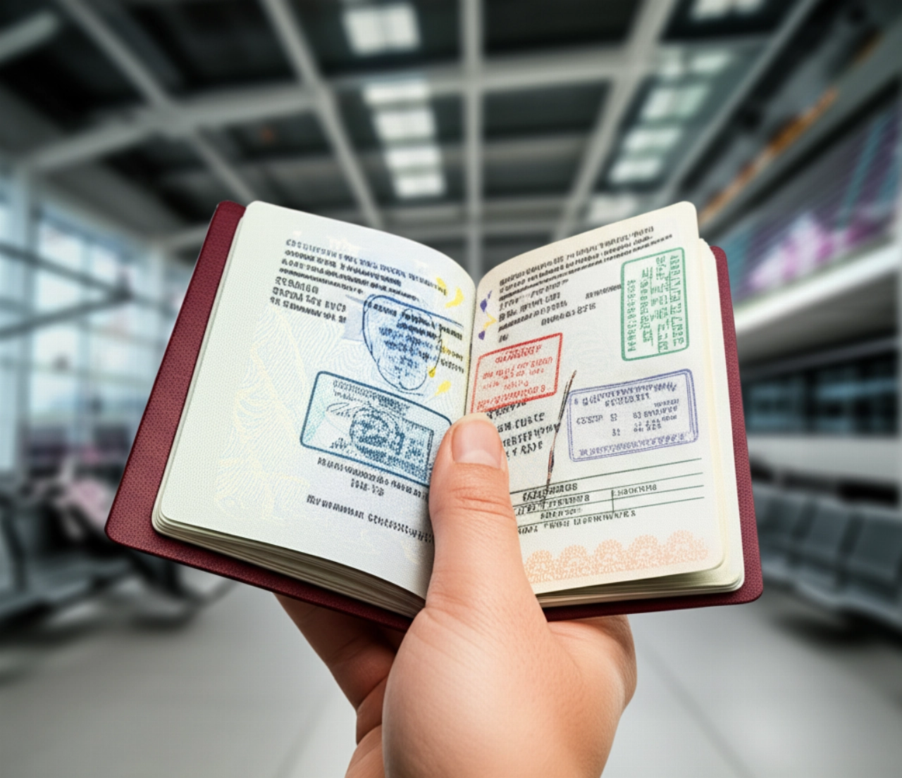 Mano caucasica che tiene un passaporto internazionale in un ambiente aeroportuale sfocato.