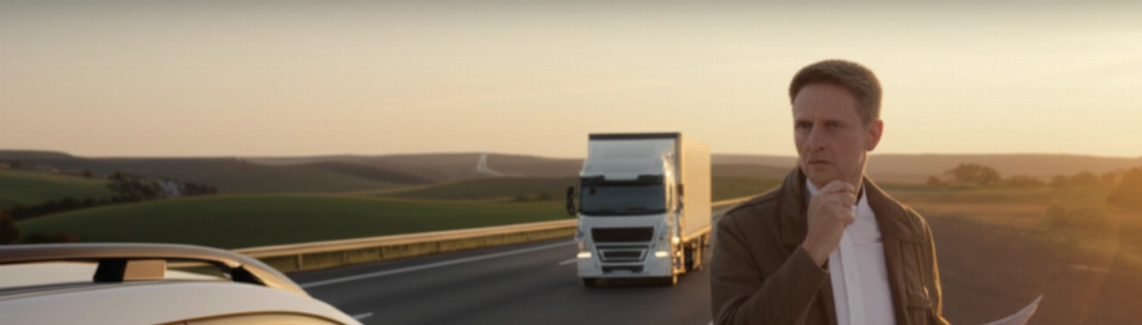 Un uomo caucasico osserva un camion di trasloco su una lunga autostrada al tramonto, riflettendo sui costi e la complessità di un trasloco a lunga distanza.