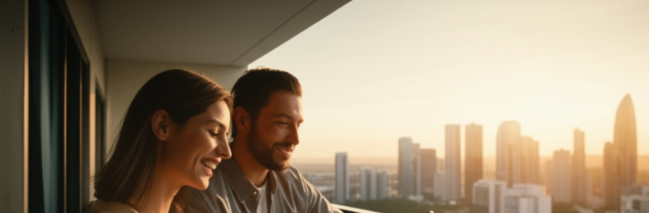 Coppia expat caucasica che si gode un tramonto su una città, simbolo di libertà e tranquillità finanziaria grazie a una gestione fiscale internazionale efficace.