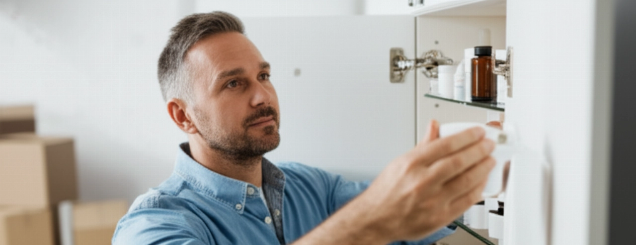 Un homme caucasien range les médicaments dans une nouvelle armoire de salle de bain, avec des cartons de déménagement flous en arrière-plan, après un déménagement.