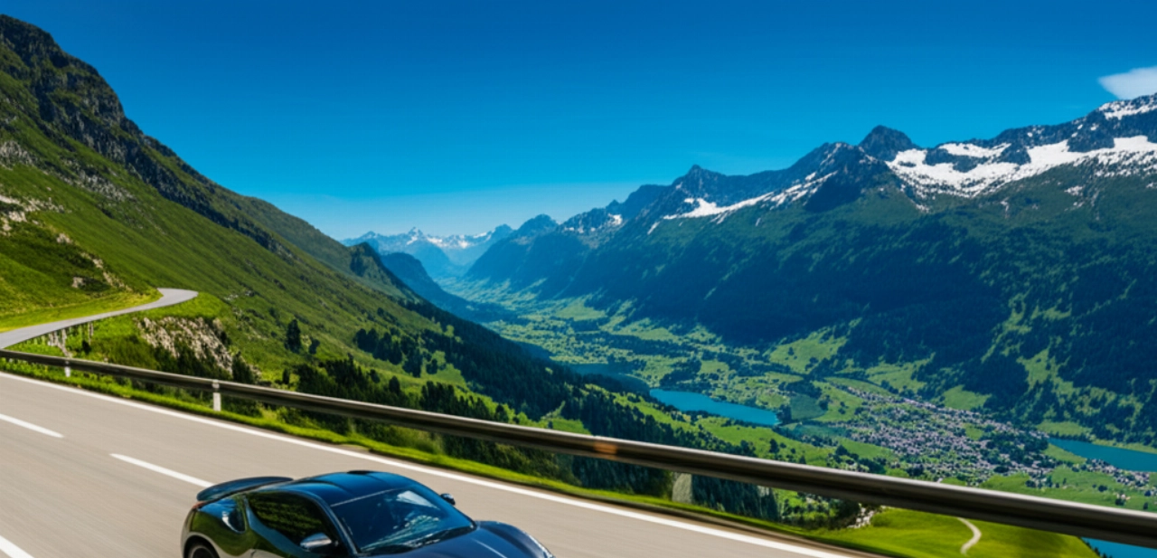 Un'auto sportiva di lusso su una strada panoramica tra le maestose Alpi svizzere.