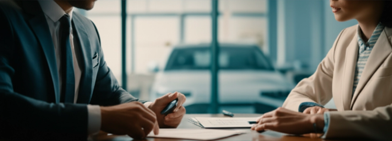 Due persone esaminano documenti e chiavi d'auto in un ambiente professionale, con un'auto di lusso sullo sfondo.