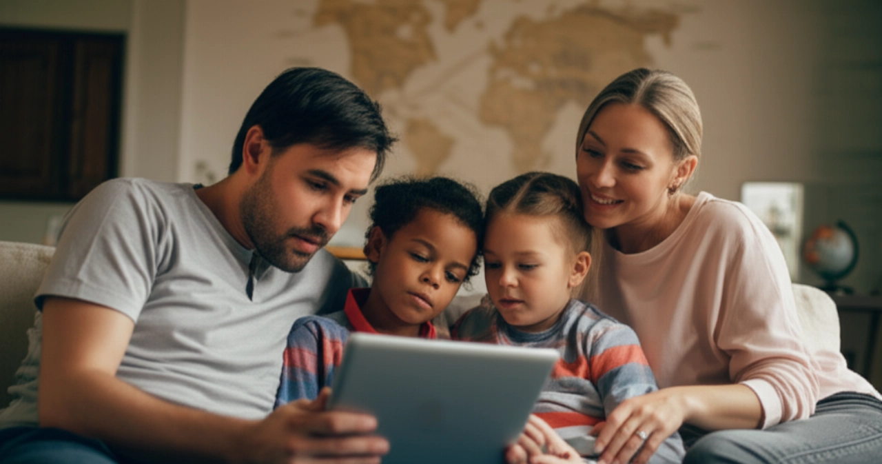 Famiglia caucasica riunita attorno a un tablet in un ambiente accogliente, che rappresenta il legame con il paese d'origine e la facilità di gestione delle pratiche dall'estero.