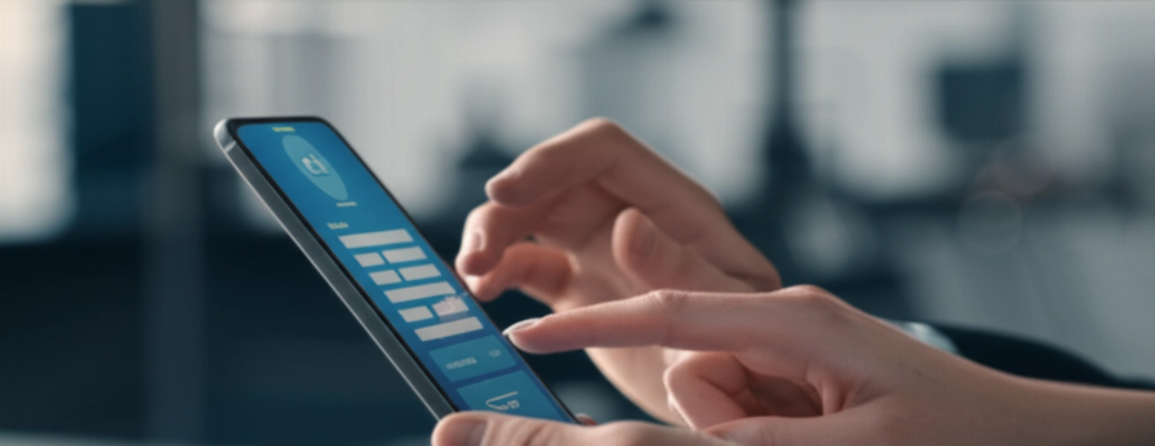 Mani caucasiche che interagiscono con uno smartphone o tablet, con un modulo digitale visibile, a simboleggiare un processo di iscrizione sicuro e moderno.