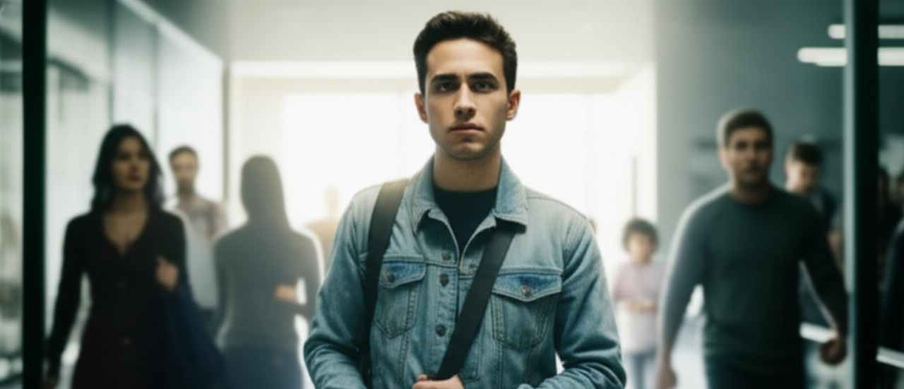 Young Caucasian adult in a new and dynamic environment, with a discreet backpack, symbolizing preparation for the first day.