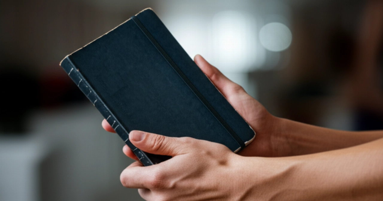 Hyperrealistic close-up of a Caucasian person's hands confidently holding a notebook, a symbol of preparation.