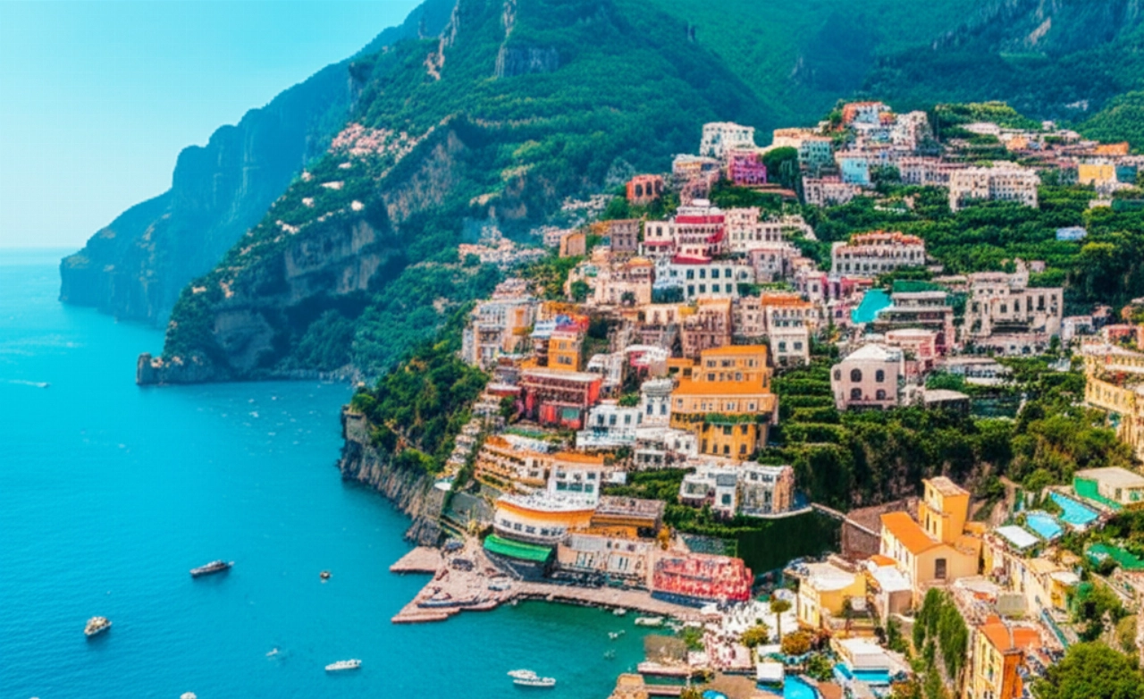 Hyperrealistic aerial view of the Amalfi Coast with dramatic cliffs and colorful villages overlooking turquoise waters.