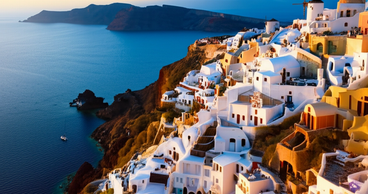 Hyperrealistic aerial view of Santorini island with its white houses and blue domes overlooking the Aegean Sea at sunset.