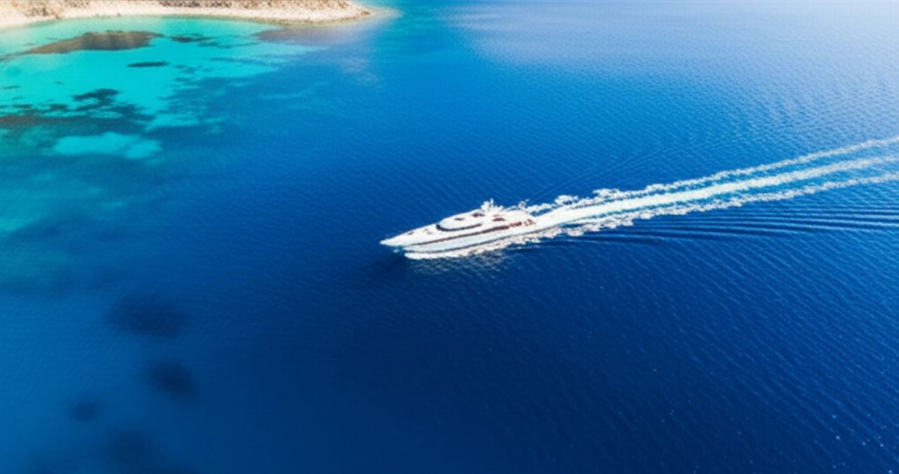 Hyperrealistic aerial view of a luxurious white yacht sailing on crystal-clear turquoise Mediterranean waters.