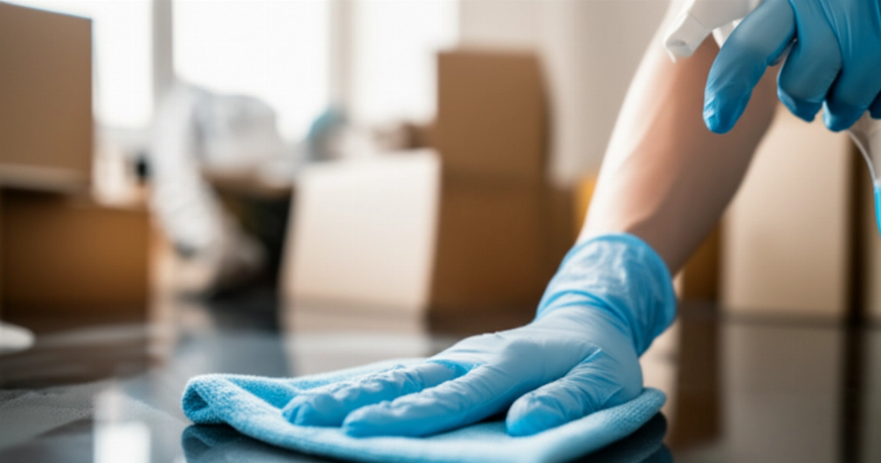 Behandschuhte Hand einer kaukasischen Person, die sorgfältig eine Küchenarbeitsplatte mit Spray und Tuch desinfiziert, mit unscharfen Umzugskartons im Hintergrund.