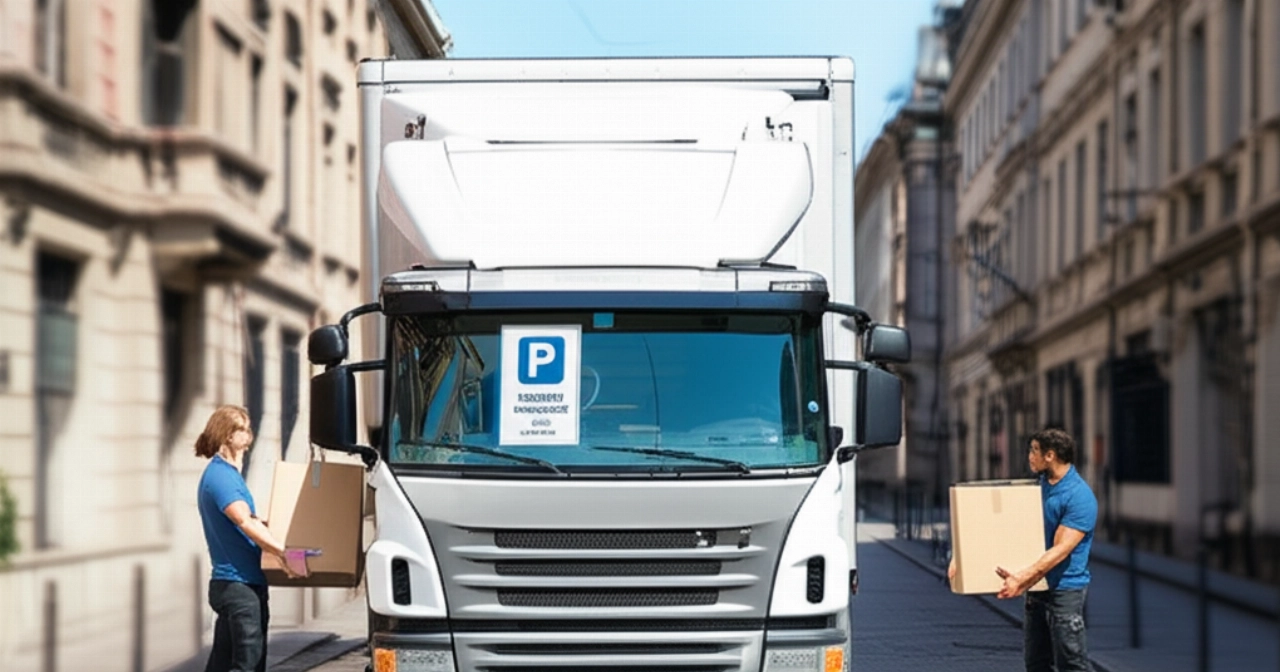 Un camion per traslochi parcheggiato su una strada urbana, con un permesso di sosta visibile e due persone caucasiche che caricano scatoloni.