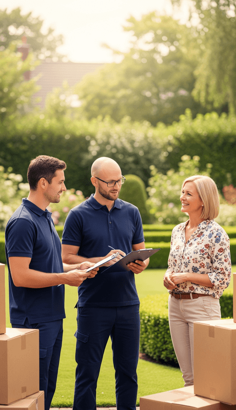 Team of movers planning a relocation with a client in a serene environment