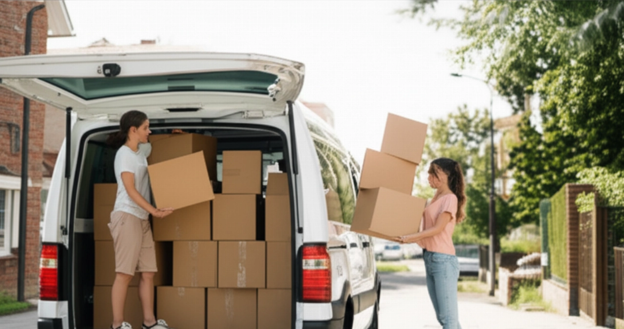 Zwei kaukasische Personen laden effizient Kartons in einen kleinen weißen Lieferwagen an einem sonnigen Wochenendmorgen, für einen reibungslosen Umzug.
