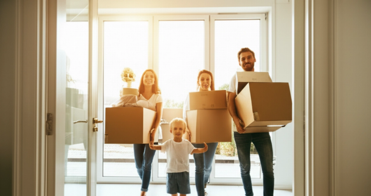 Lächelnde kaukasische Familie trägt die letzten Kartons in ein helles neues Zuhause und symbolisiert die Freude eines kleinen Wochenendumzugs.