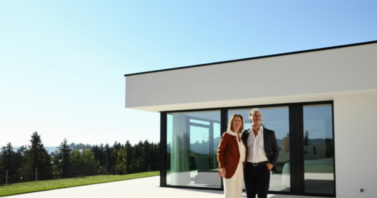 A happy couple on a terrace of a modern house, symbolizing a completed project with a lump-sum quote.