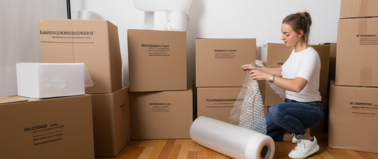Caucasian woman carefully packing items in an organized room, symbolizing efficient moving.