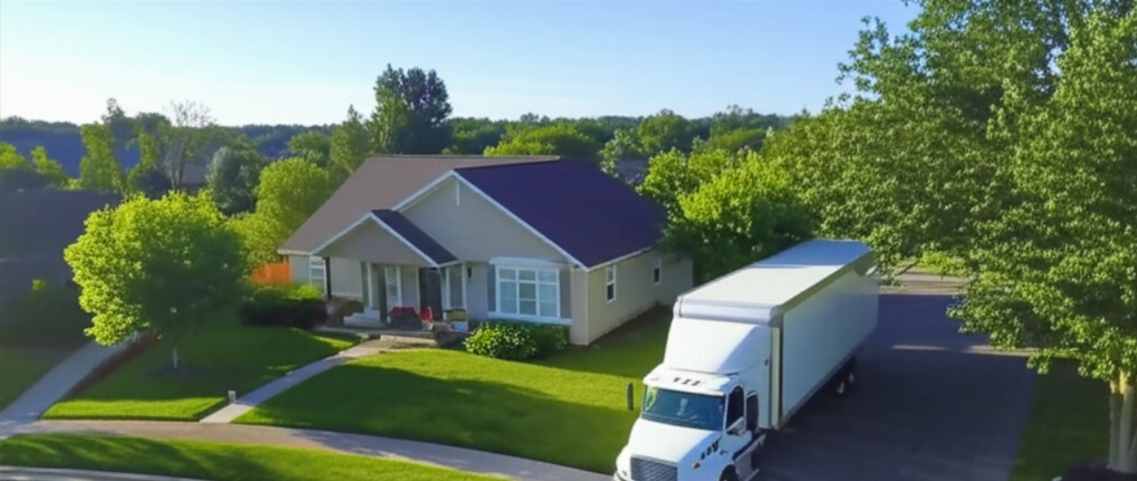 Aerial view of a moving truck approaching a suburban house, symbolizing a new beginning.