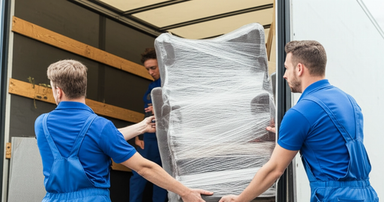 Due traslocatori caucasici professionisti caricano con cura mobili in un camion moderno, con altri oggetti già presenti, suggerendo un trasloco groupage.