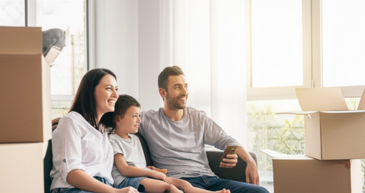 Famiglia caucasica felice e rilassata nel loro nuovo salotto, con scatoloni parzialmente aperti, simbolo di un trasloco senza stress.