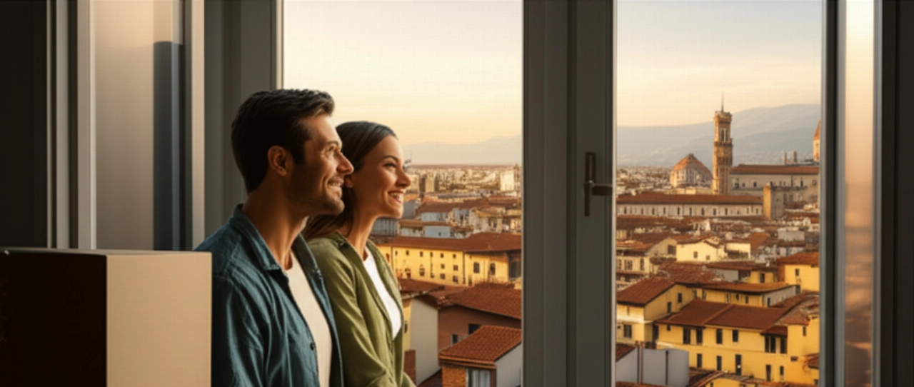 Coppia felice che guarda da una finestra nel loro nuovo appartamento a Firenze, con scatole disimballate e una vista panoramica della città al tramonto.
