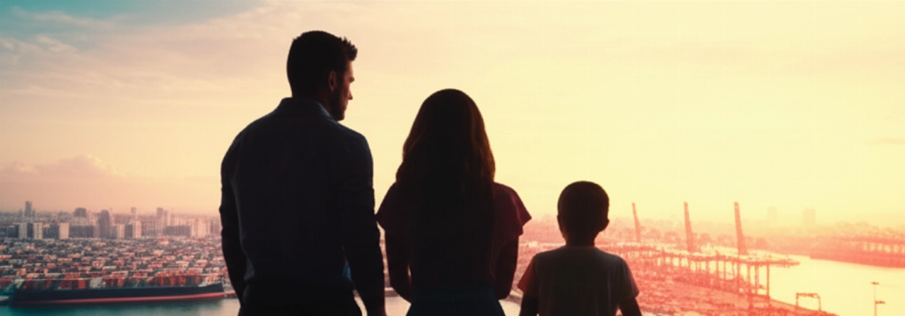 Familia caucásica observando un puerto internacional al atardecer, simbolizando un nuevo comienzo.